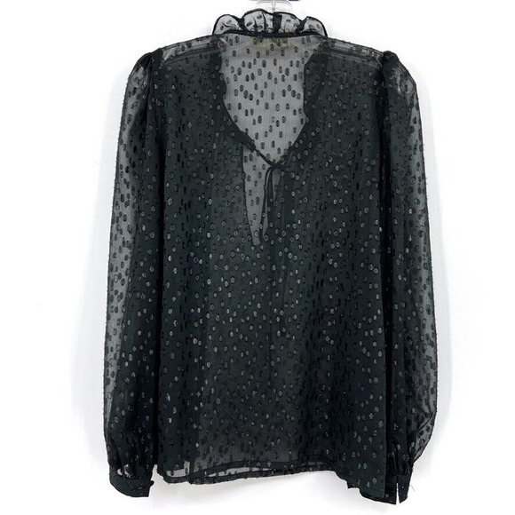 Secular Black Metallic Sheer Ruffle Tie Neck Blouse Size Small Button Cuffs USA - Picture 7 of 7